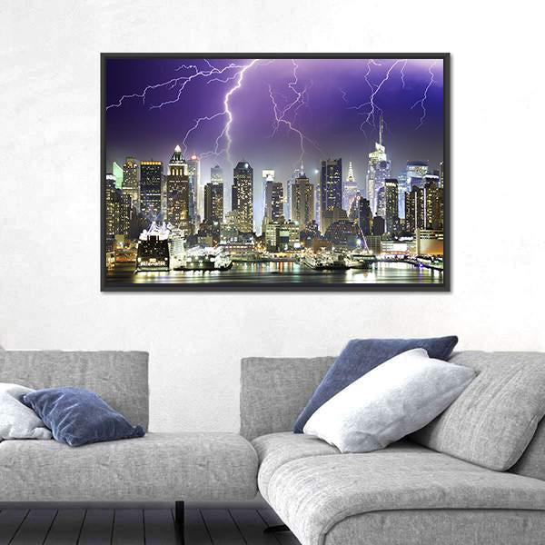 Storm And Lightnings In The Night of New York City Canvas Wall Art-3 Horizontal-Gallery Wrap-25" x 16"-Tiaracle