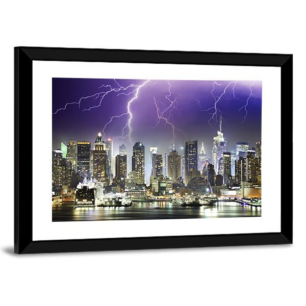 Storm And Lightnings In The Night of New York City Canvas Wall Art-3 Horizontal-Gallery Wrap-25" x 16"-Tiaracle