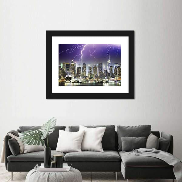 Storm And Lightnings In The Night of New York City Canvas Wall Art-3 Horizontal-Gallery Wrap-25" x 16"-Tiaracle