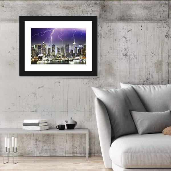 Storm And Lightnings In The Night of New York City Canvas Wall Art-3 Horizontal-Gallery Wrap-25" x 16"-Tiaracle