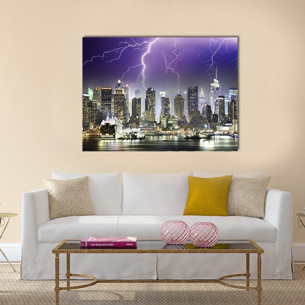 Storm And Lightnings In The Night of New York City Canvas Wall Art-1 Piece-Gallery Wrap-48" x 32"-Tiaracle