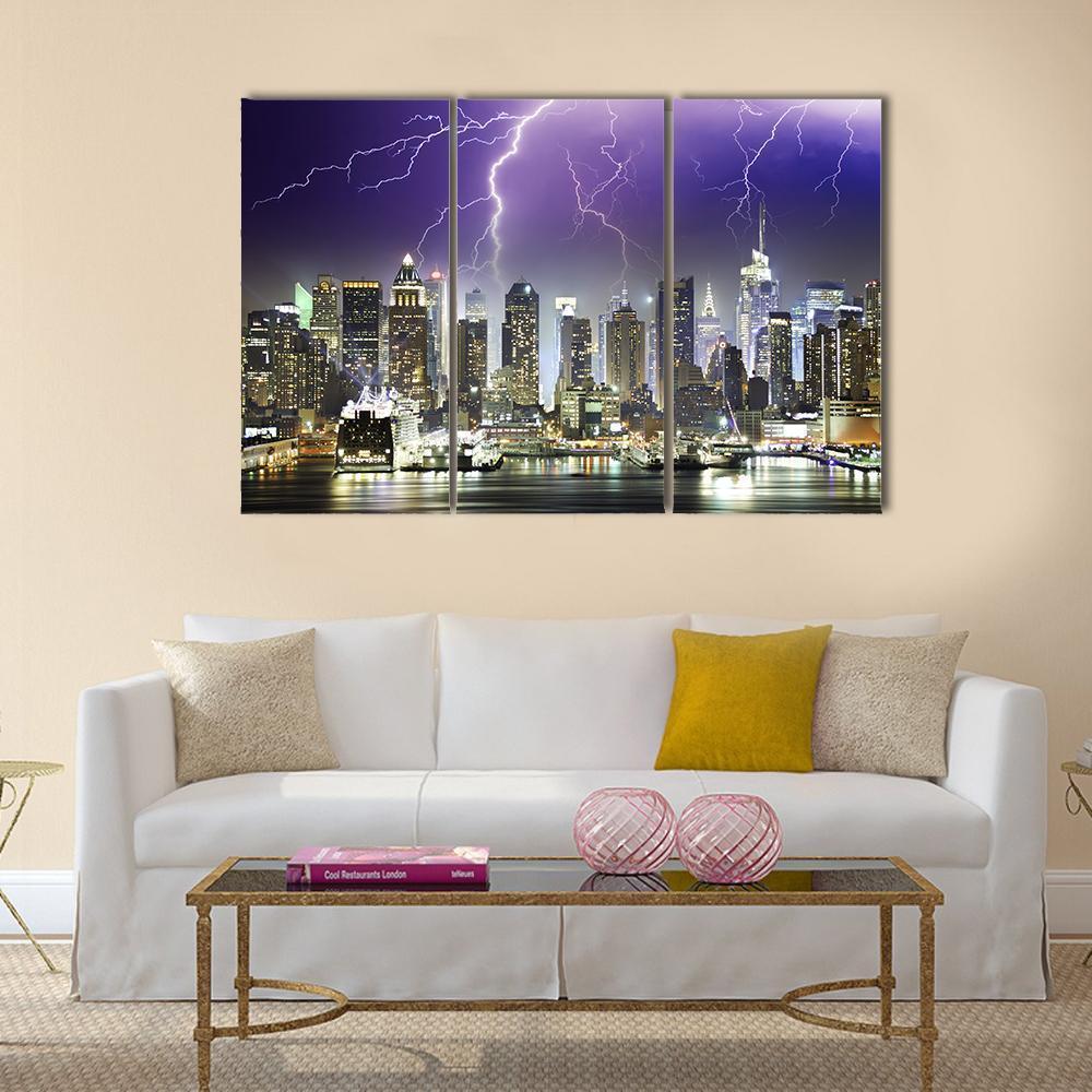Storm And Lightnings In The Night of New York City Canvas Wall Art-3 Horizontal-Gallery Wrap-37" x 24"-Tiaracle