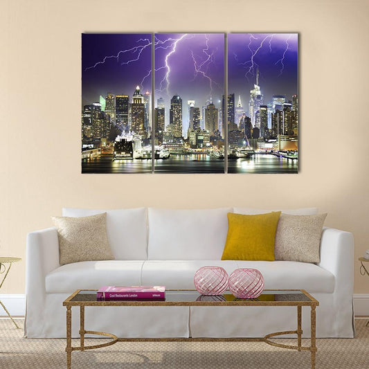 Storm And Lightnings In The Night of New York City Canvas Wall Art-3 Horizontal-Gallery Wrap-37" x 24"-Tiaracle