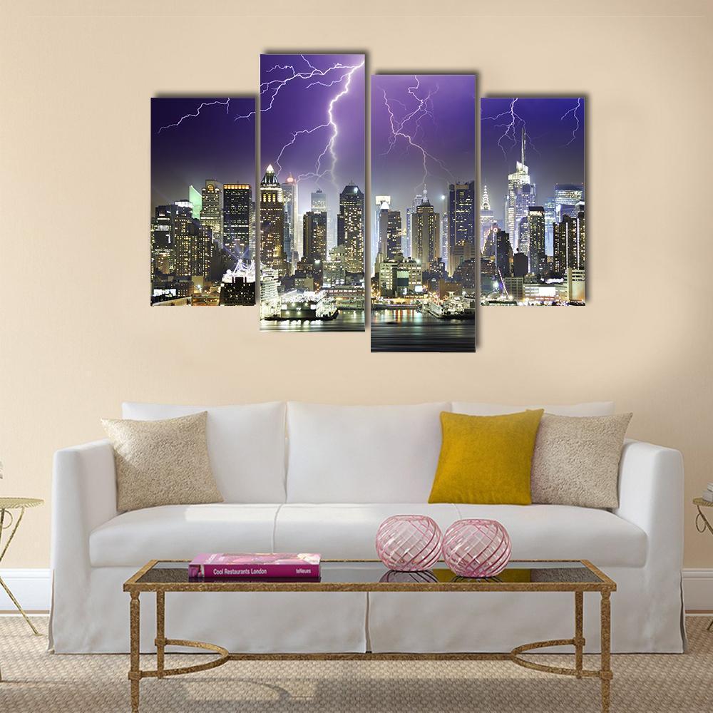 Storm And Lightnings In The Night of New York City Canvas Wall Art-4 Pop-Gallery Wrap-50" x 32"-Tiaracle