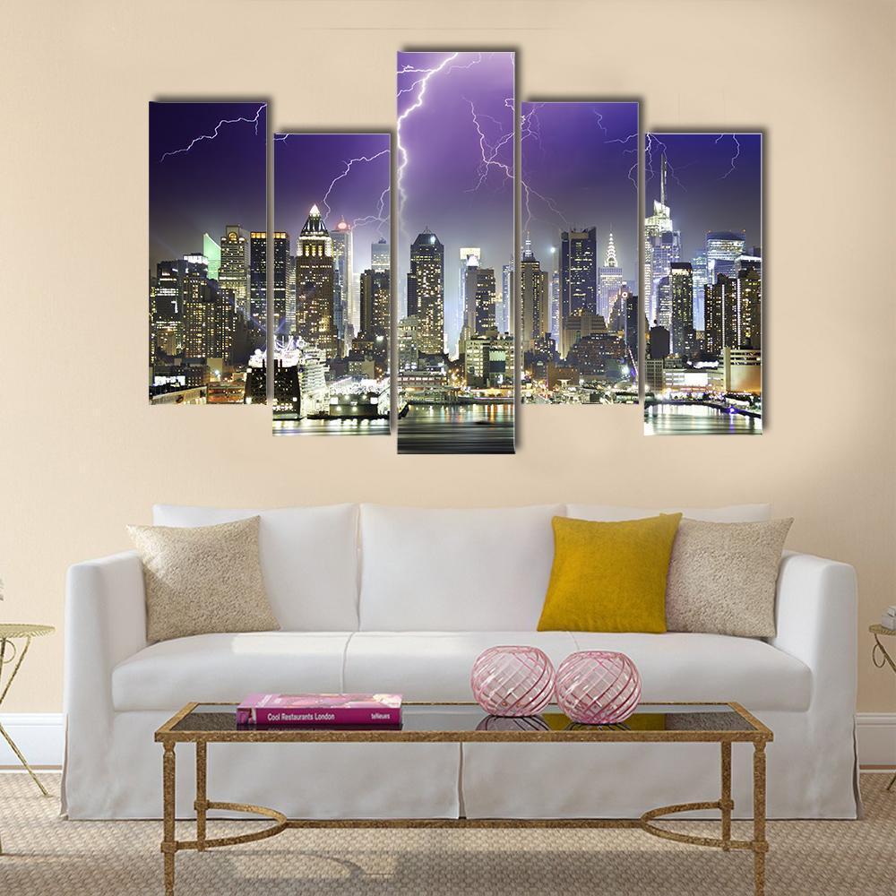 Storm And Lightnings In The Night of New York City Canvas Wall Art-5 Pop-Gallery Wrap-47" x 32"-Tiaracle