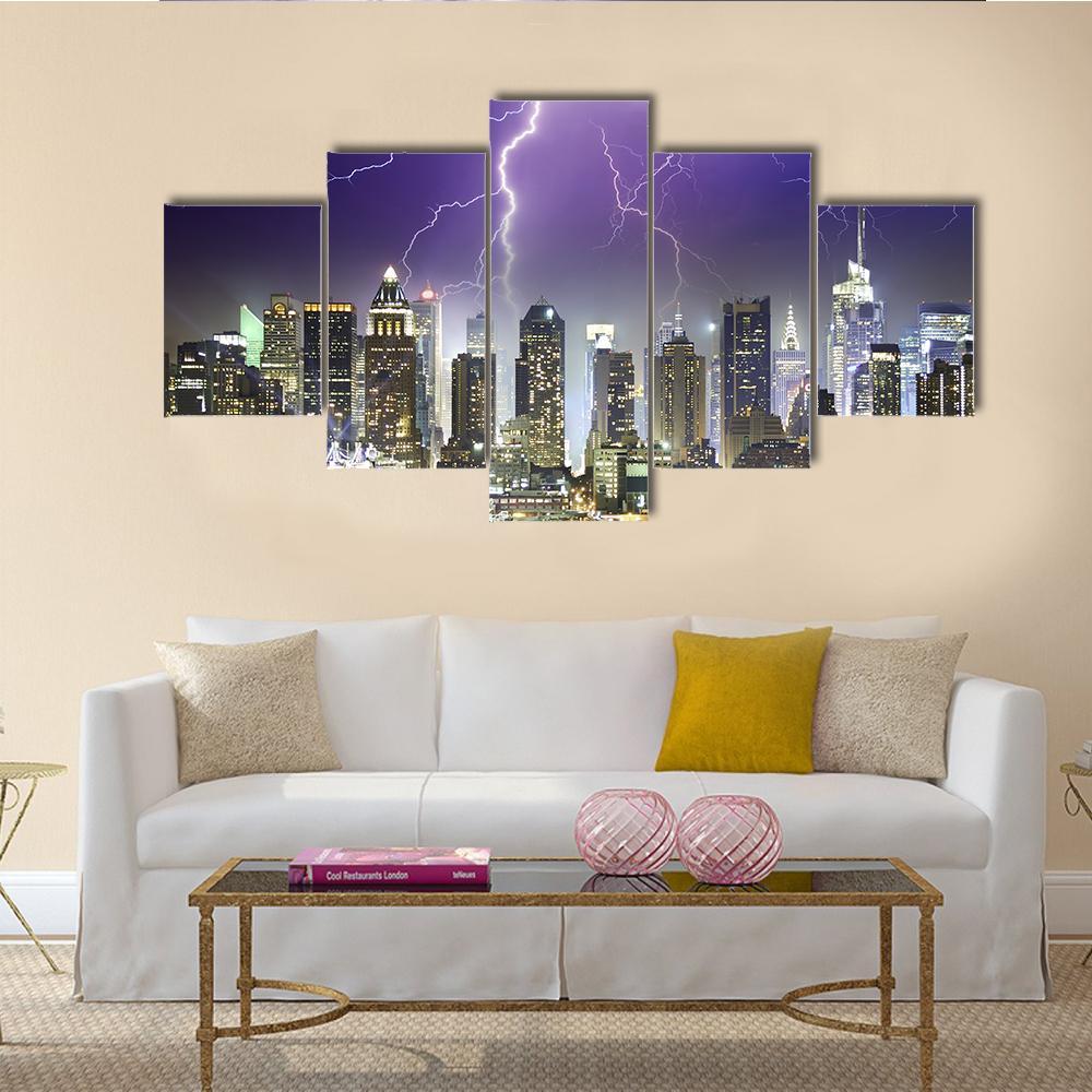 Storm And Lightnings In The Night of New York City Canvas Wall Art-5 Star-Gallery Wrap-62" x 32"-Tiaracle