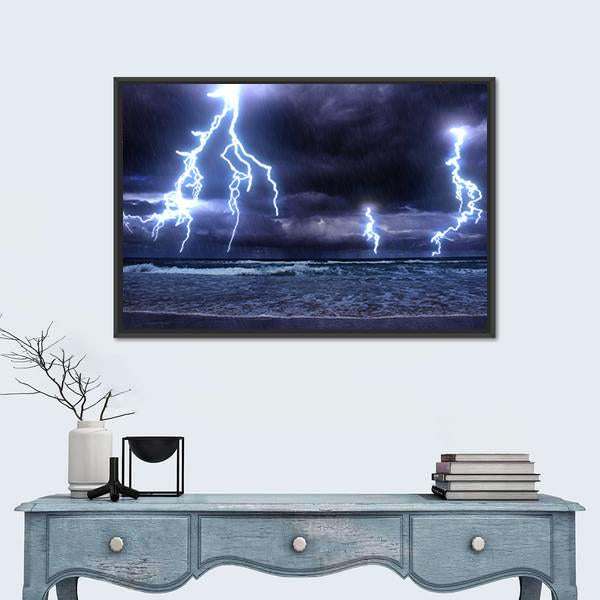 Storm On The Sea With Lightnings Canvas Wall Art-1 Piece-Floating Frame-24" x 16"-Tiaracle