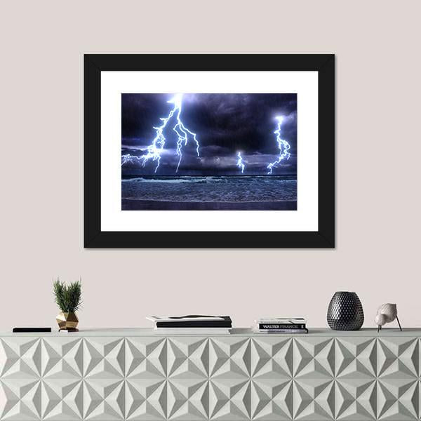 Storm On The Sea With Lightnings Canvas Wall Art-1 Piece-Framed Print-20" x 16"-Tiaracle