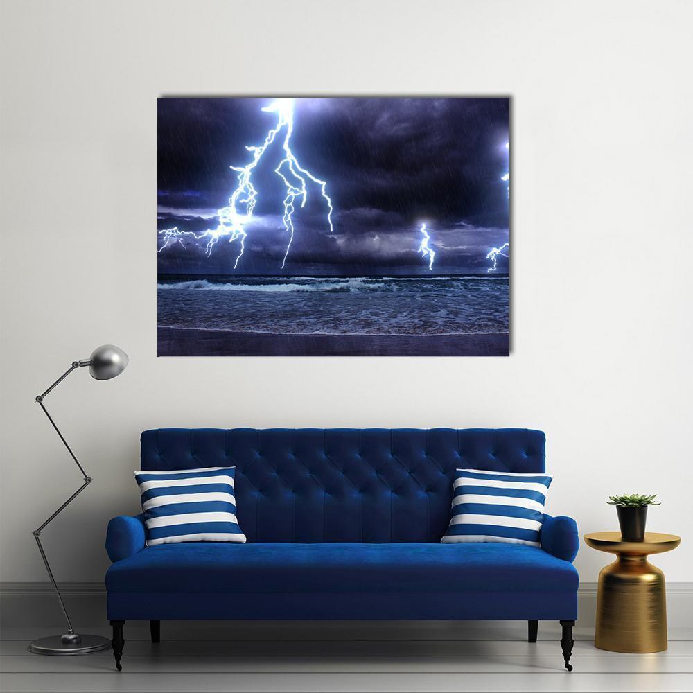 Storm On The Sea With Lightnings Canvas Wall Art-1 Piece-Gallery Wrap-48" x 32"-Tiaracle