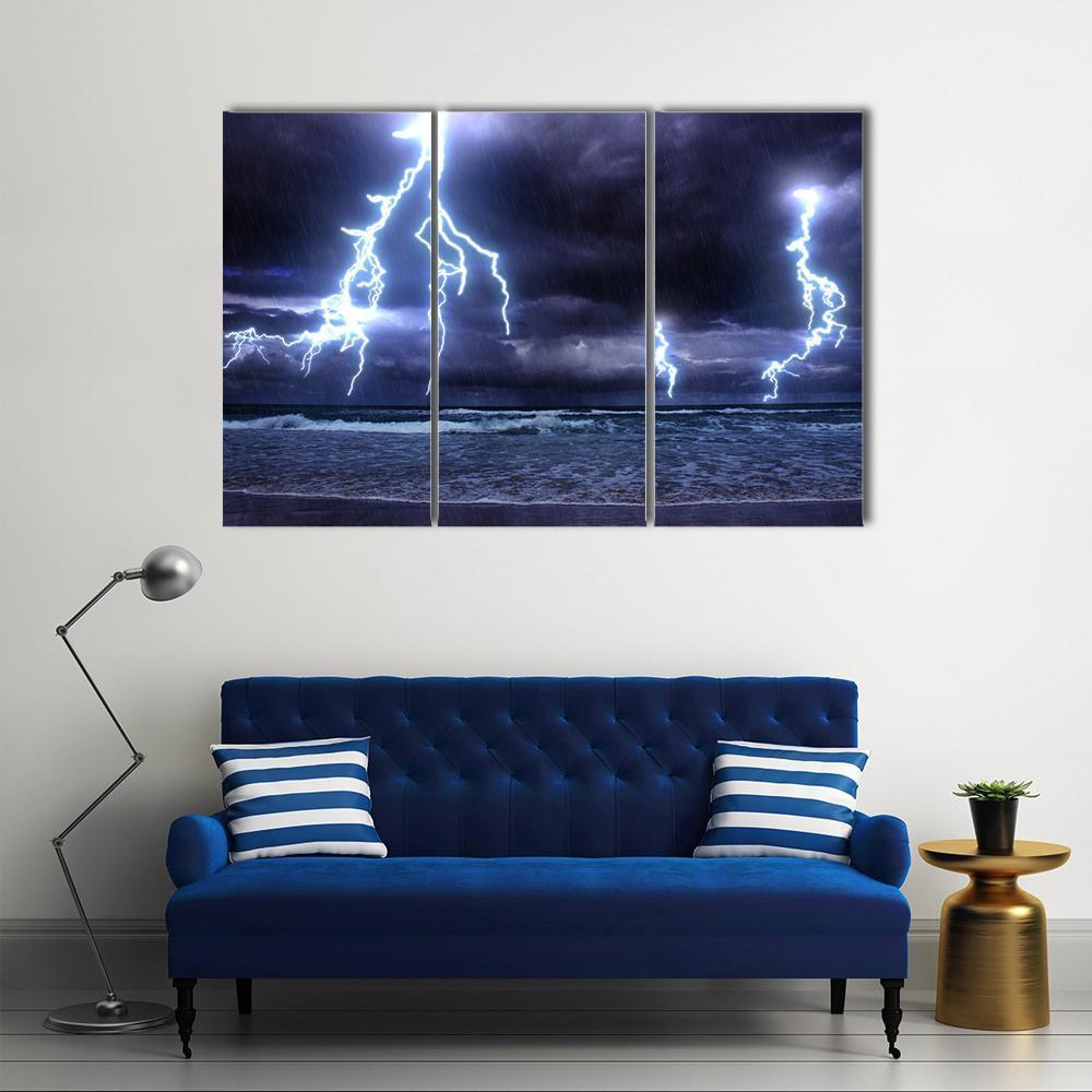 Storm On The Sea With Lightnings Canvas Wall Art-3 Horizontal-Gallery Wrap-37" x 24"-Tiaracle