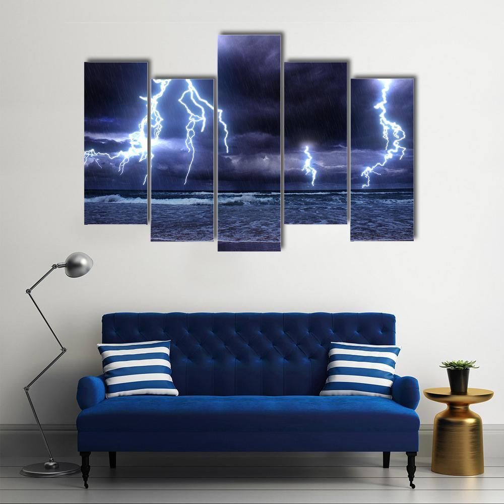 Storm On The Sea With Lightnings Canvas Wall Art-5 Pop-Gallery Wrap-47" x 32"-Tiaracle