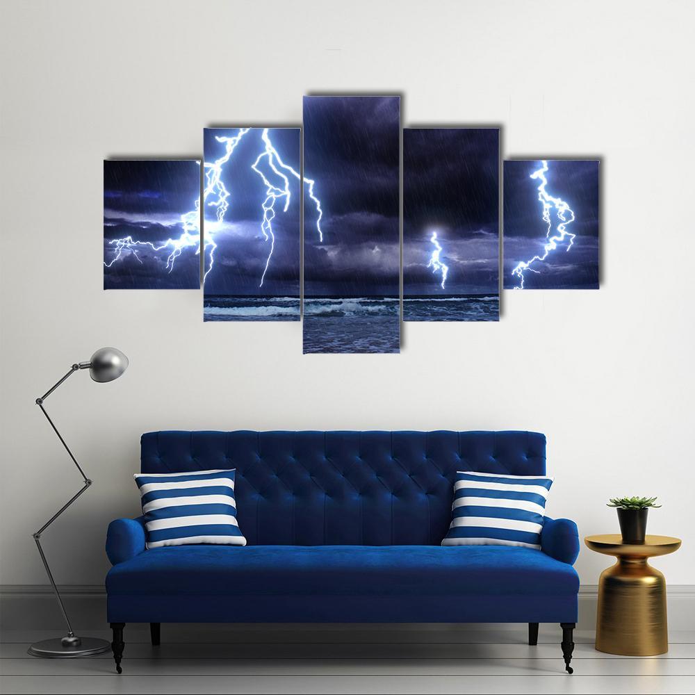 Storm On The Sea With Lightnings Canvas Wall Art-5 Star-Gallery Wrap-62" x 32"-Tiaracle