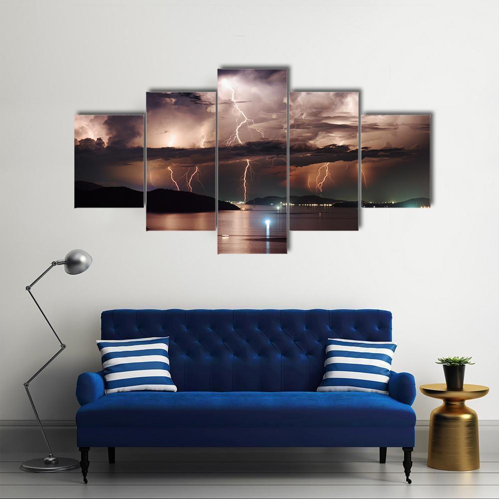 Stormy Sky And Lightning Canvas Wall Art-5 Star-Gallery Wrap-62" x 32"-Tiaracle