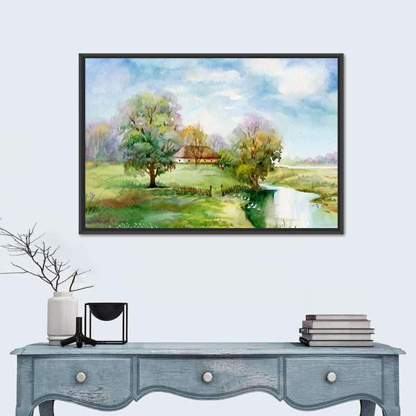 Stream Passing Through Small Village Canvas Wall Art-1 Piece-Floating Frame-24" x 16"-Tiaracle