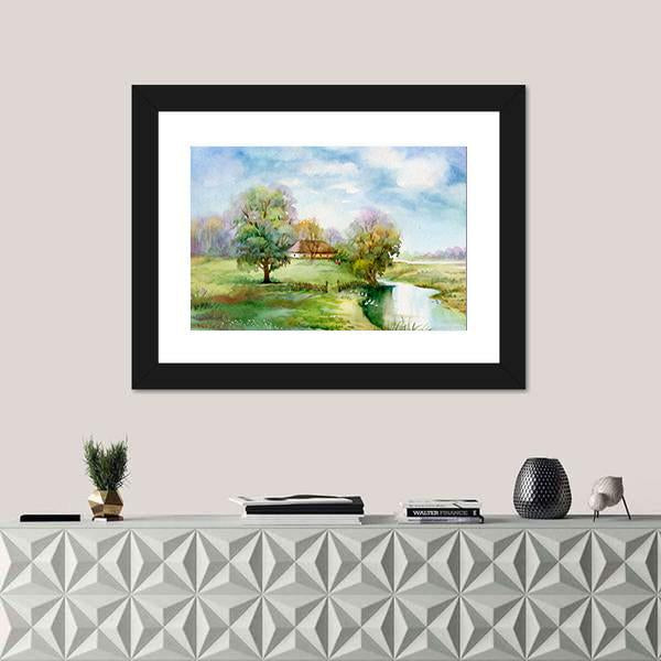 Stream Passing Through Small Village Canvas Wall Art-1 Piece-Framed Print-20" x 16"-Tiaracle