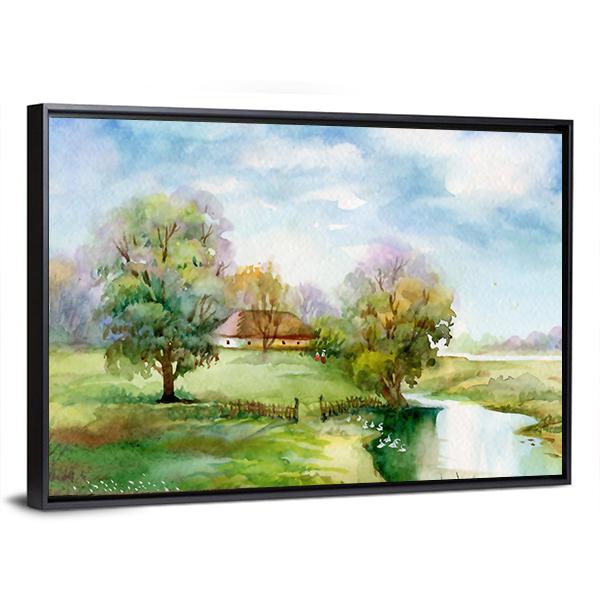 Stream Passing Through Small Village Canvas Wall Art-3 Horizontal-Gallery Wrap-25" x 16"-Tiaracle