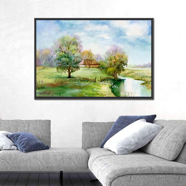 Stream Passing Through Small Village Canvas Wall Art-3 Horizontal-Gallery Wrap-25" x 16"-Tiaracle