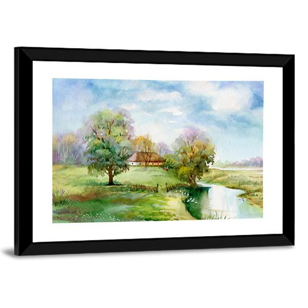 Stream Passing Through Small Village Canvas Wall Art-3 Horizontal-Gallery Wrap-25" x 16"-Tiaracle