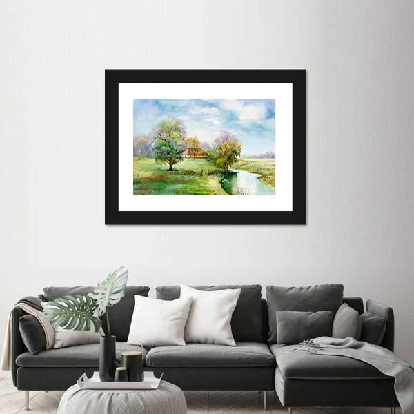 Stream Passing Through Small Village Canvas Wall Art-3 Horizontal-Gallery Wrap-25" x 16"-Tiaracle