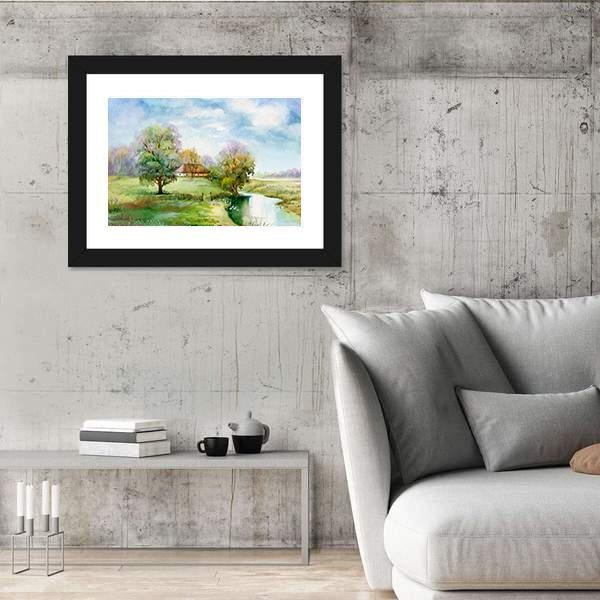 Stream Passing Through Small Village Canvas Wall Art-3 Horizontal-Gallery Wrap-25" x 16"-Tiaracle