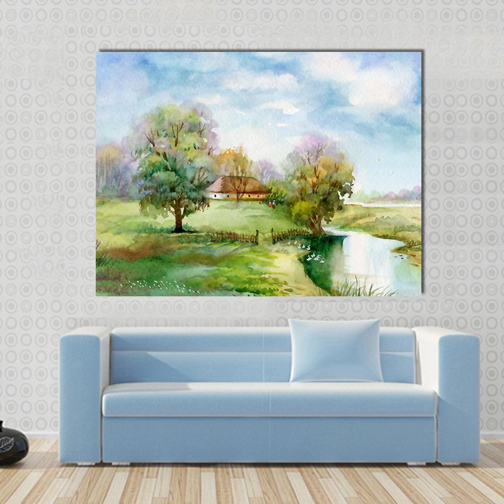 Stream Passing Through Small Village Canvas Wall Art-1 Piece-Gallery Wrap-48" x 32"-Tiaracle