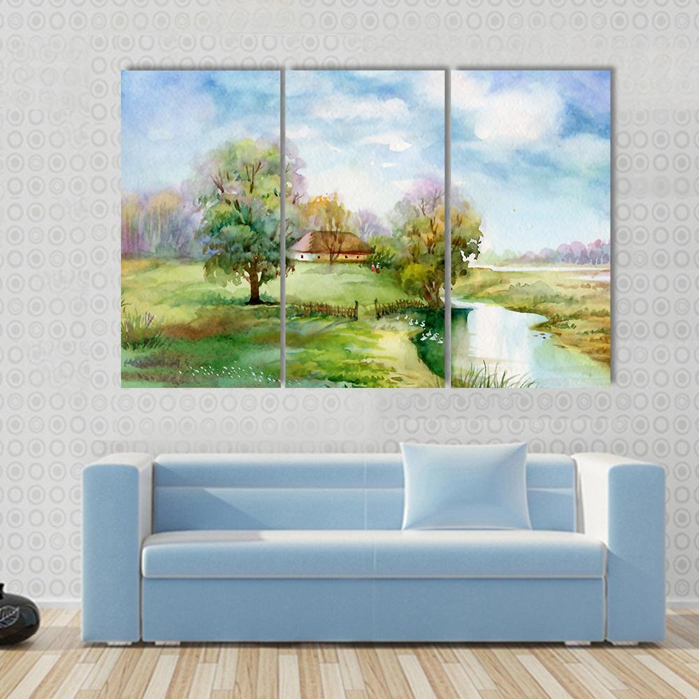 Stream Passing Through Small Village Canvas Wall Art-3 Horizontal-Gallery Wrap-37" x 24"-Tiaracle