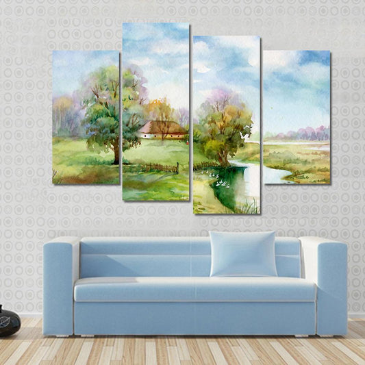 Stream Passing Through Small Village Canvas Wall Art-4 Pop-Gallery Wrap-50" x 32"-Tiaracle