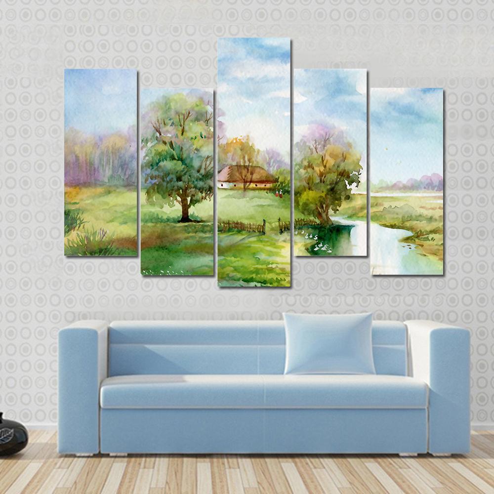 Stream Passing Through Small Village Canvas Wall Art-5 Pop-Gallery Wrap-47" x 32"-Tiaracle