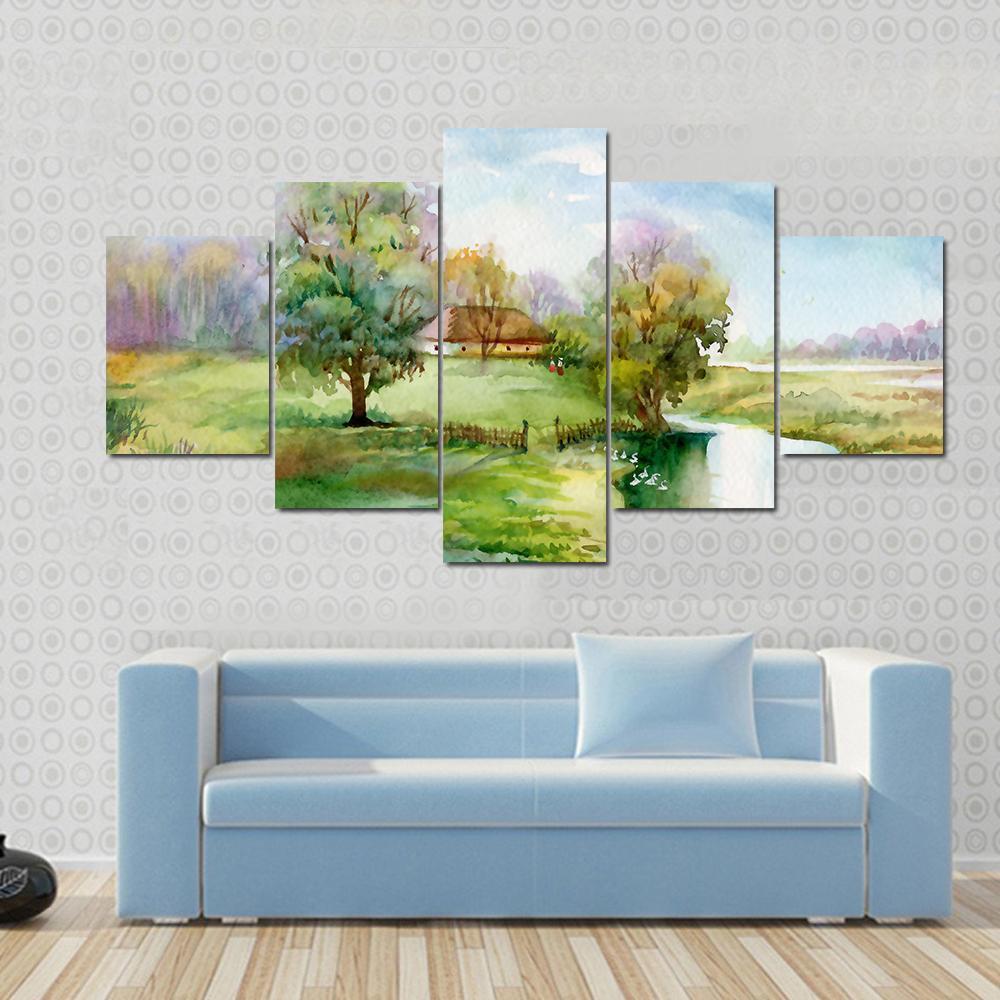 Stream Passing Through Small Village Canvas Wall Art-5 Star-Gallery Wrap-62" x 32"-Tiaracle