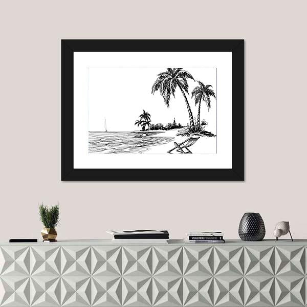 Summer Beach Pencil Drawing Canvas Wall Art-1 Piece-Framed Print-20" x 16"-Tiaracle