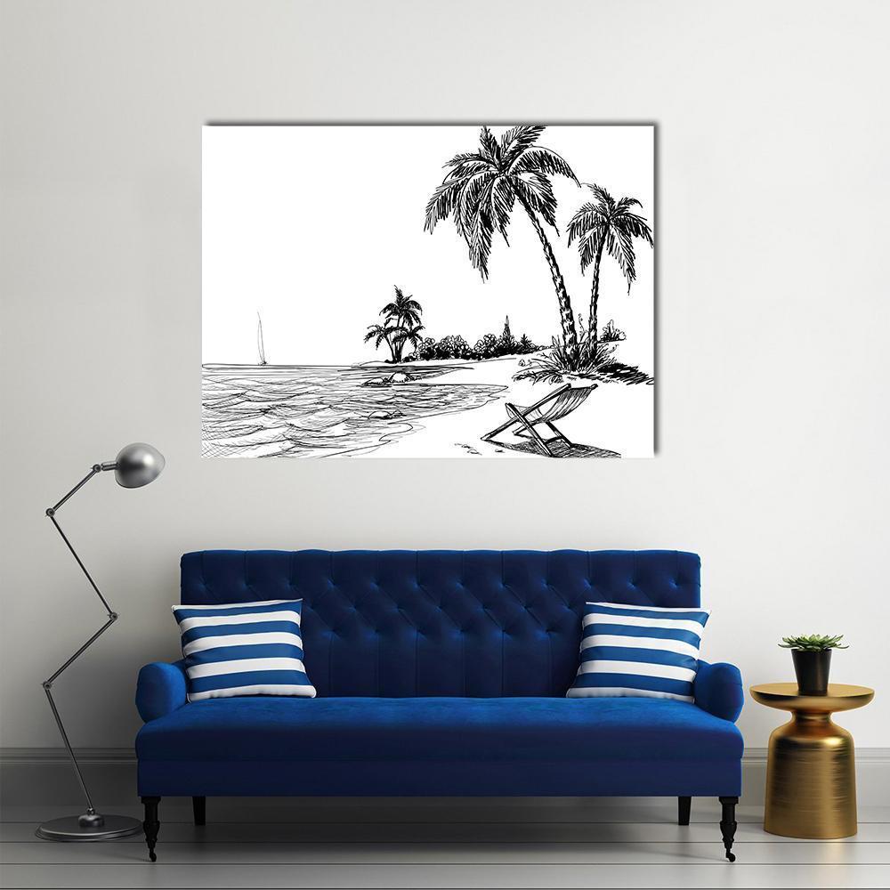 Summer Beach Pencil Drawing Canvas Wall Art-1 Piece-Gallery Wrap-48" x 32"-Tiaracle
