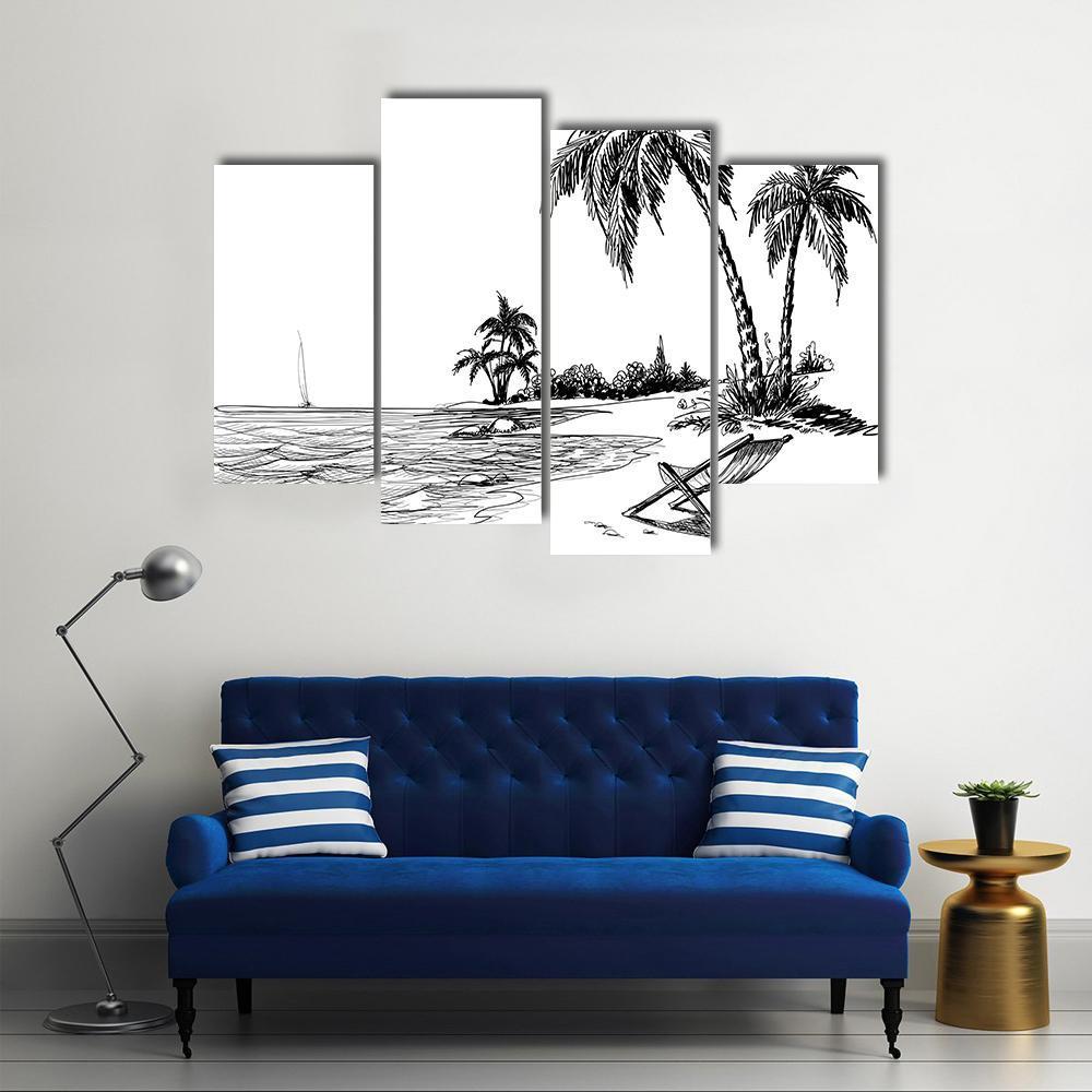 Summer Beach Pencil Drawing Canvas Wall Art-4 Pop-Gallery Wrap-50" x 32"-Tiaracle