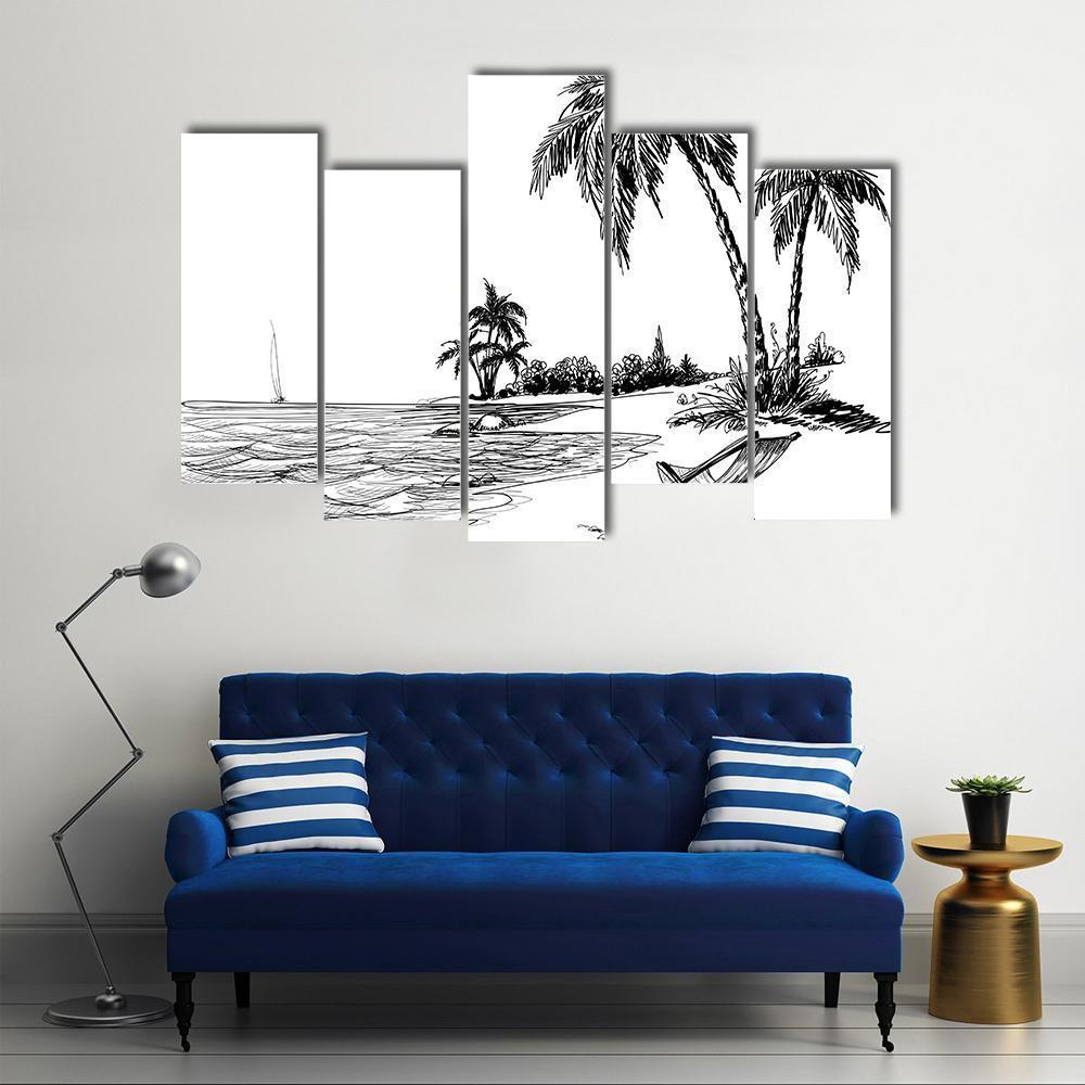 Summer Beach Pencil Drawing Canvas Wall Art-5 Pop-Gallery Wrap-47" x 32"-Tiaracle
