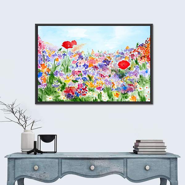 Summer Flowers In Garden Canvas Wall Art-1 Piece-Floating Frame-24" x 16"-Tiaracle