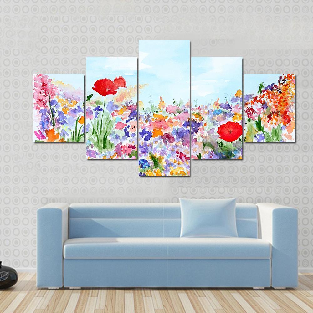 Summer Flowers In Garden Canvas Wall Art-5 Star-Gallery Wrap-62" x 32"-Tiaracle