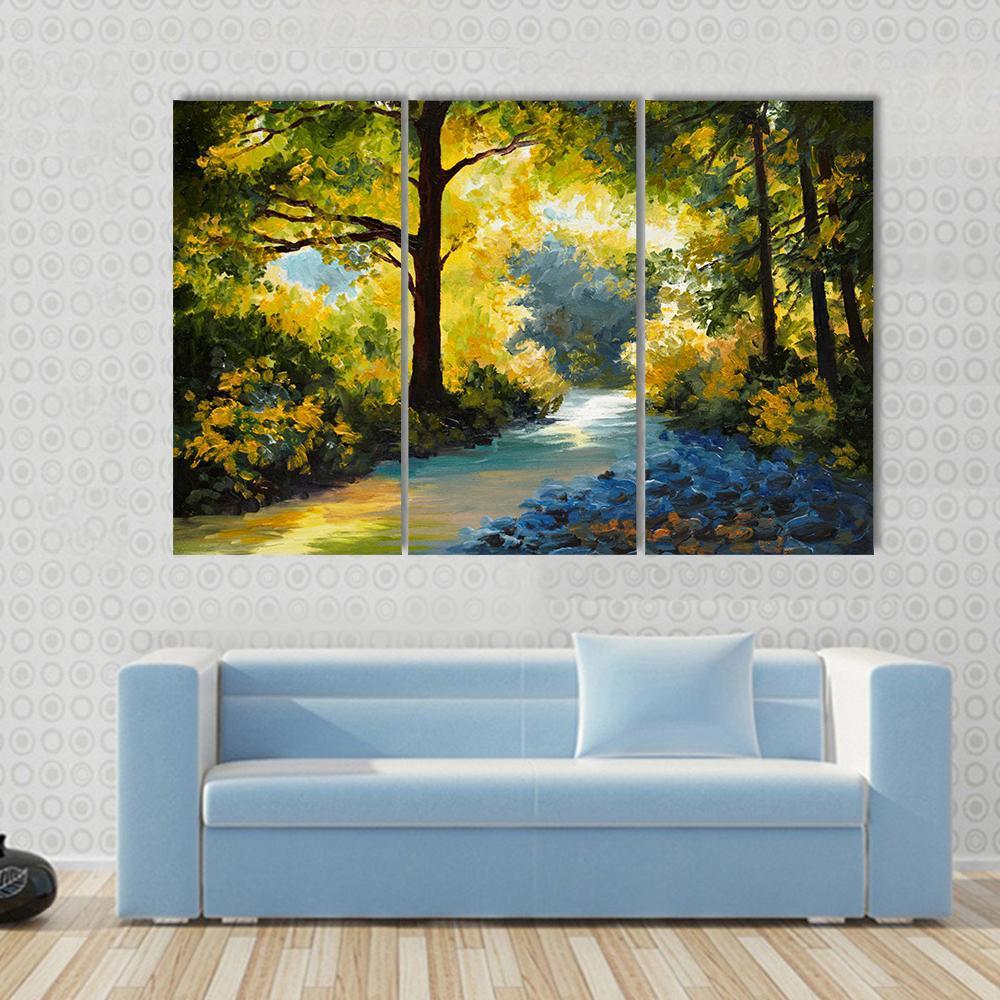 Summer Forest Meadow With Violets Yellow Trees Canvas Wall Art-3 Horizontal-Gallery Wrap-37" x 24"-Tiaracle