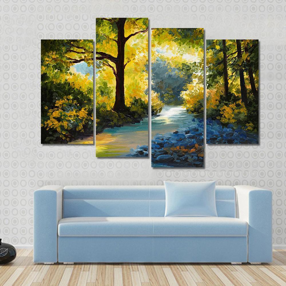 Summer Forest Meadow With Violets Yellow Trees Canvas Wall Art-4 Pop-Gallery Wrap-50" x 32"-Tiaracle