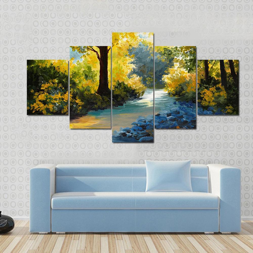 Summer Forest Meadow With Violets Yellow Trees Canvas Wall Art-5 Pop-Gallery Wrap-47" x 32"-Tiaracle