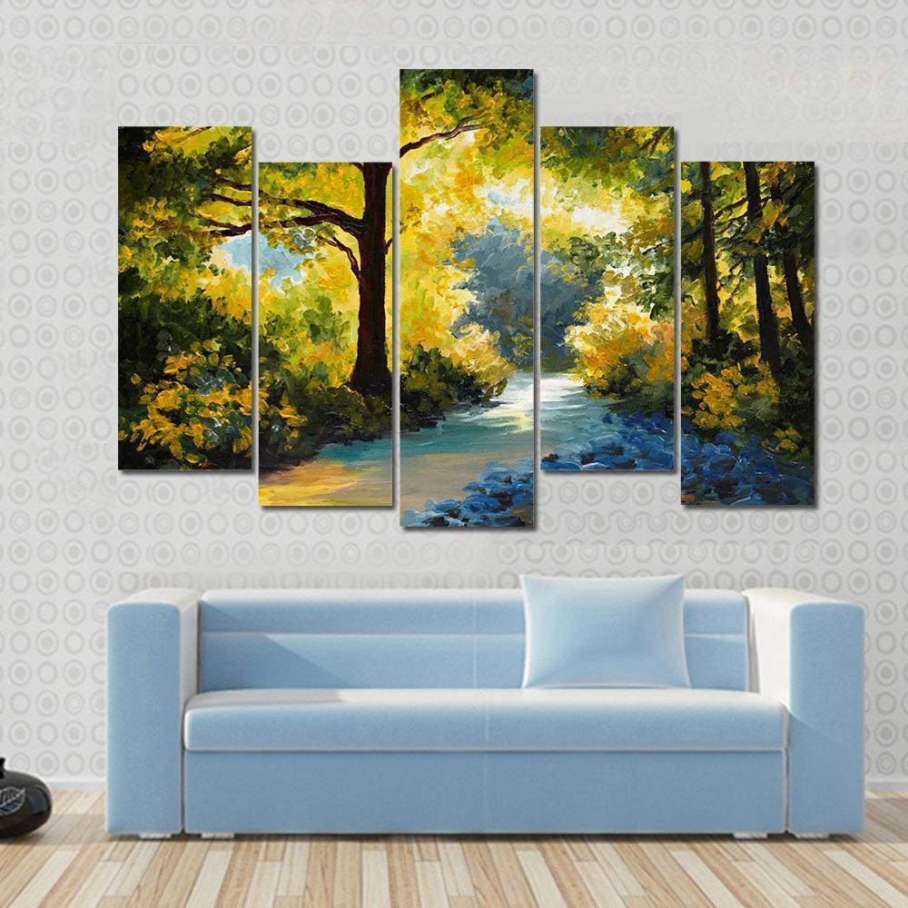 Summer Forest Meadow With Violets Yellow Trees Canvas Wall Art-5 Star-Gallery Wrap-62" x 32"-Tiaracle