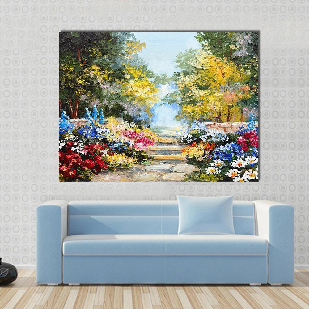 Summer Forest With Flowers Canvas Wall Art-1 Piece-Gallery Wrap-48" x 32"-Tiaracle