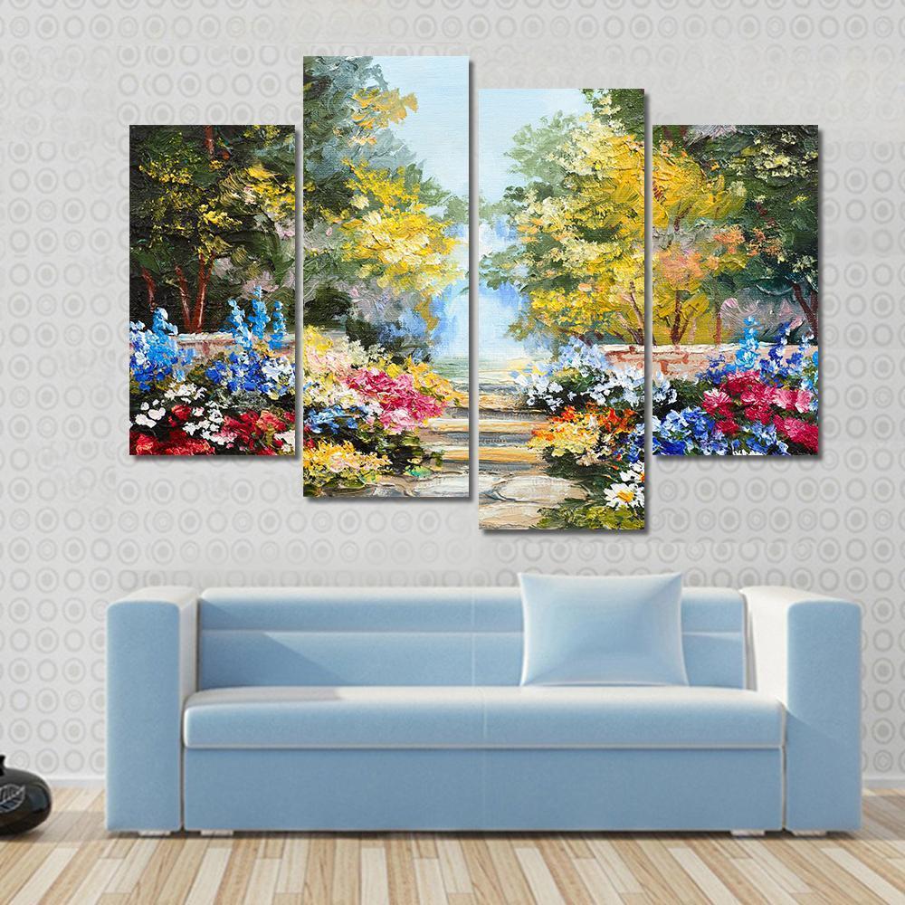 Summer Forest With Flowers Canvas Wall Art-4 Pop-Gallery Wrap-50" x 32"-Tiaracle