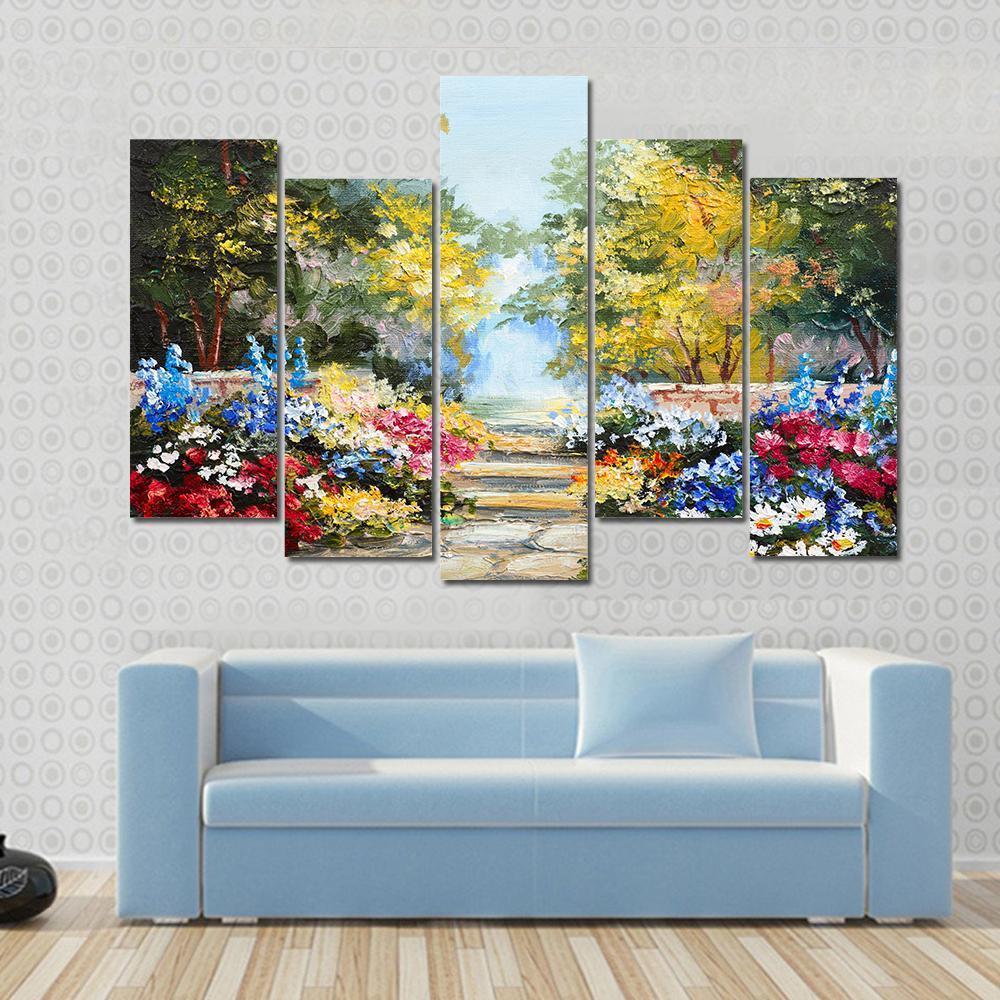 Summer Forest With Flowers Canvas Wall Art-5 Pop-Gallery Wrap-47" x 32"-Tiaracle