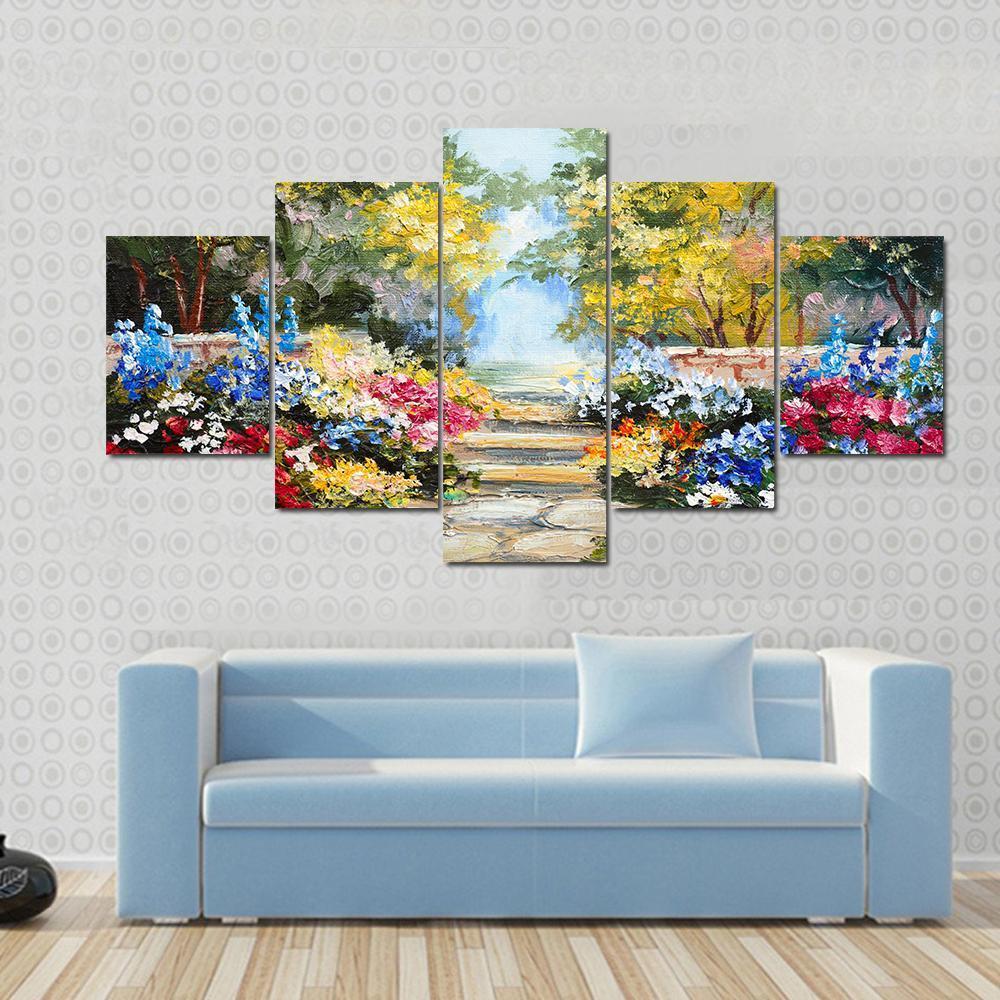 Summer Forest With Flowers Canvas Wall Art-5 Star-Gallery Wrap-62" x 32"-Tiaracle