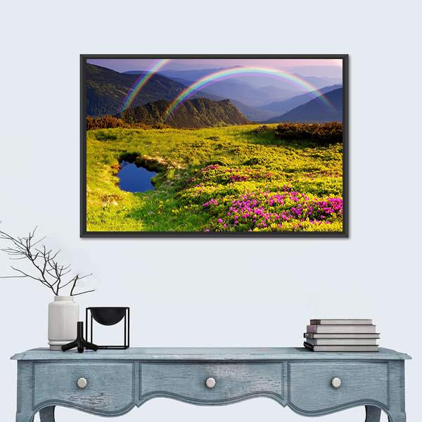 Summer Landscape In Mountains With Flowers A Rainbow And Lake Canvas Wall Art-1 Piece-Floating Frame-24" x 16"-Tiaracle