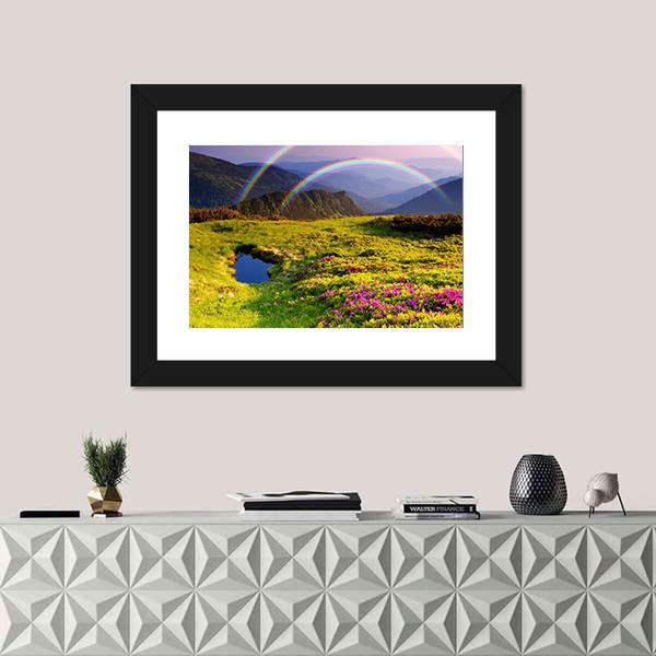 Summer Landscape In Mountains With Flowers A Rainbow And Lake Canvas Wall Art-1 Piece-Framed Print-20" x 16"-Tiaracle