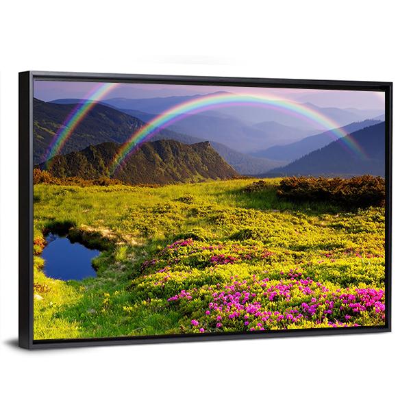 Summer Landscape In Mountains With Flowers A Rainbow And Lake Canvas Wall Art-3 Horizontal-Gallery Wrap-25" x 16"-Tiaracle