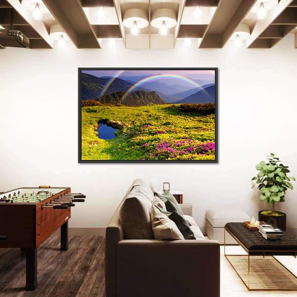 Summer Landscape In Mountains With Flowers A Rainbow And Lake Canvas Wall Art-3 Horizontal-Gallery Wrap-25" x 16"-Tiaracle