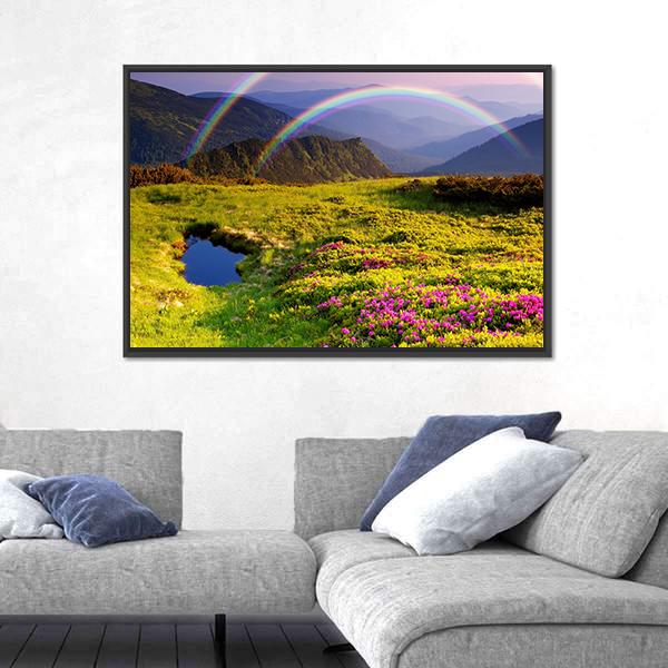 Summer Landscape In Mountains With Flowers A Rainbow And Lake Canvas Wall Art-3 Horizontal-Gallery Wrap-25" x 16"-Tiaracle