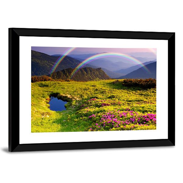 Summer Landscape In Mountains With Flowers A Rainbow And Lake Canvas Wall Art-3 Horizontal-Gallery Wrap-25" x 16"-Tiaracle