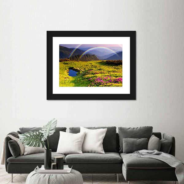 Summer Landscape In Mountains With Flowers A Rainbow And Lake Canvas Wall Art-3 Horizontal-Gallery Wrap-25" x 16"-Tiaracle